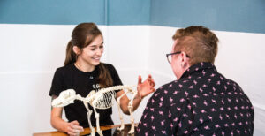 Lilli erklärt die Anatomie des Hundes mithilfe eines Skelets